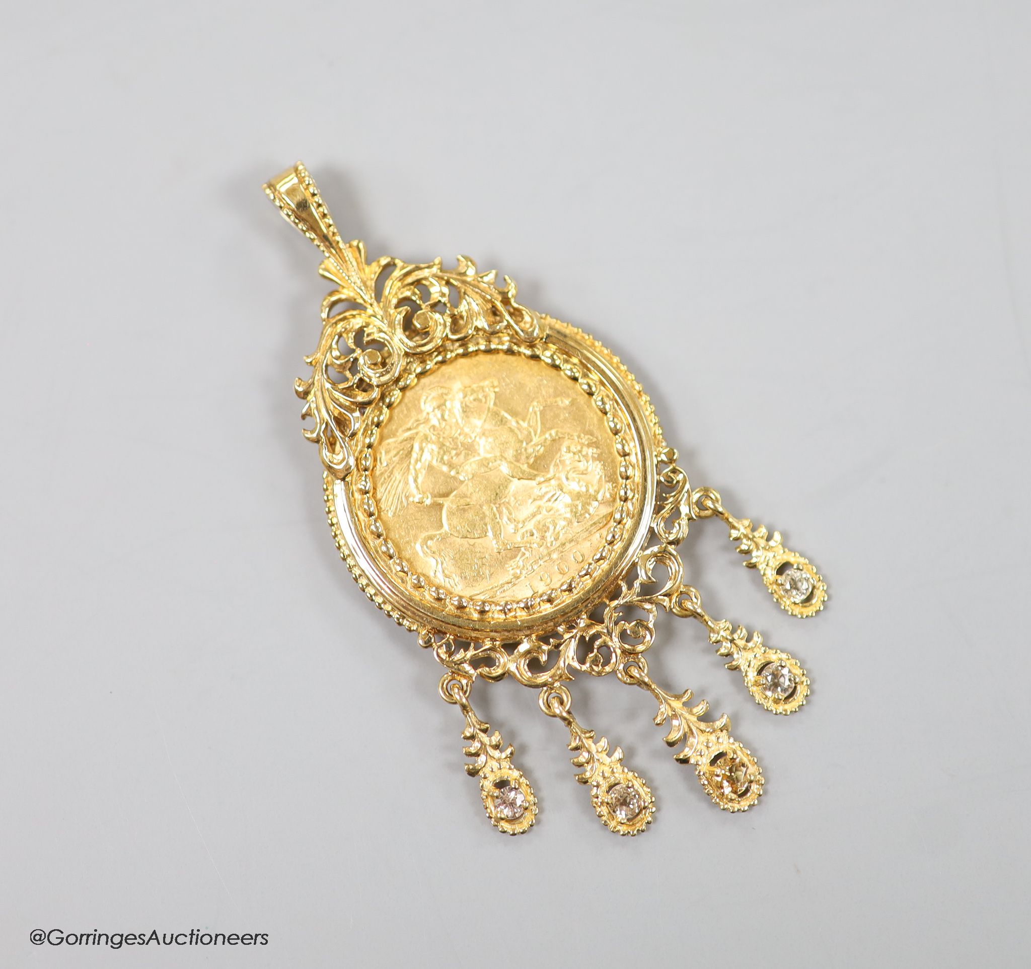 A Victoria 1900 gold sovereign, in a modern 9ct gold pendant tassel drop mount, gross 18 grams.